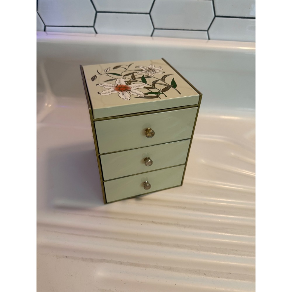 Floral Lacquerware Box 3 Drawer Mini Chest with Mirror Cream Lily Otagiri Vtg